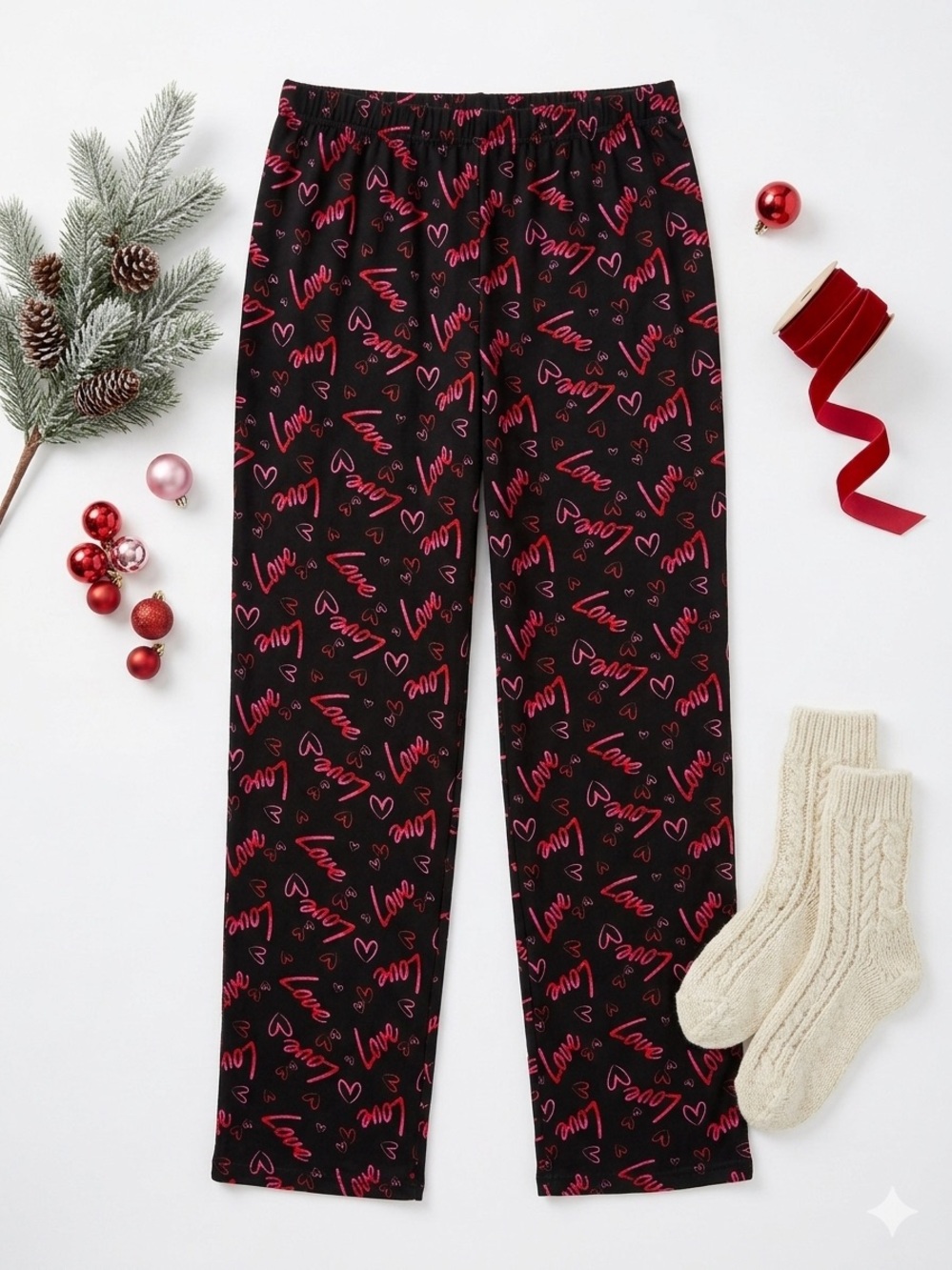 Black Pajamas with Pink "Love" Script and Hearts